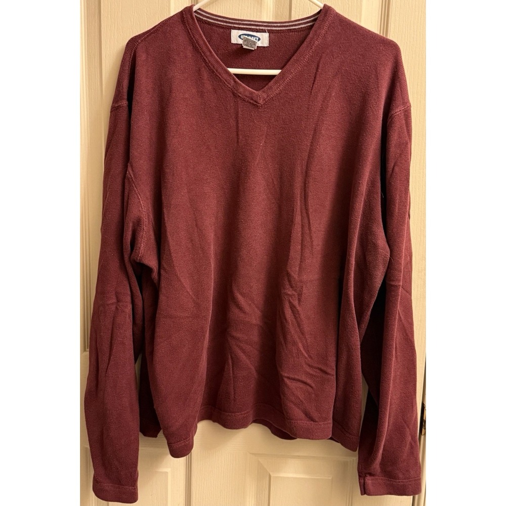 Old‎ Navy Sweater Men's 2XL Solid Burgundy V-Neck Pullover Long Sleeve Cotton